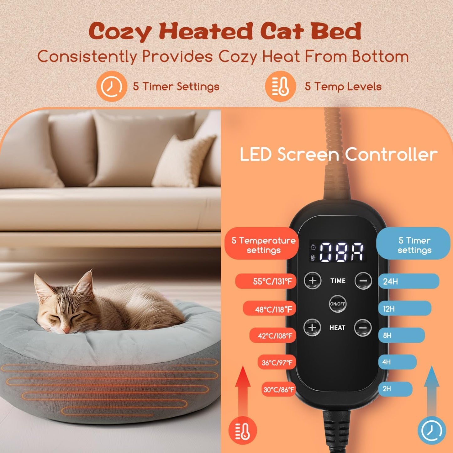 Nobleza Cama Eléctrica Para Gatos Y Perros 50X50 Cm, Almohadilla Térmica Interior Con Temporizador Y Temperatura Ajustable Para Mascotas Pequeños